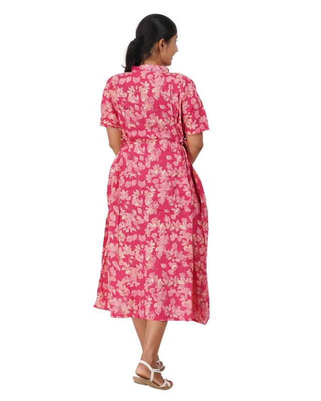 Image of Women's Cotton Full Front Open Dress | Mandarin Collar Button-Down | Darted Waist with Multi Tie-Up | Calf Length | Maternity, Feeding, Elderly & Hospital Wear | Sizes L-3XL