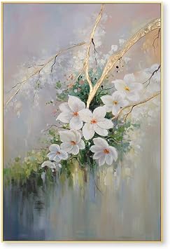 Oil Paintings on Canvas wall art floral,Hand Painted Texture abstract Peach blossom gold foil branch Contemporary paintings vertical NO framed Artwork for Living Room home decor,40x64inch