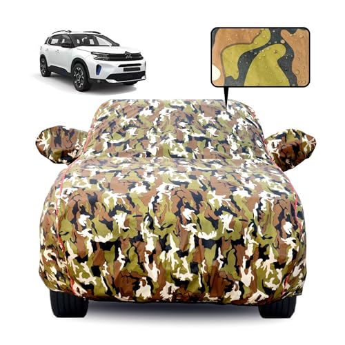 Image of Waterproof Car Body Cover for Citroen C5 Aircross with Mirror Pocket, Soft Cotton Lining, Triple Stitched, Full Bottom Elastic (Heat Resistant Jungle Print with Red Piping)