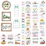 48 Pcs Interchangeable Seasonal Tiered Tray Decor Set Farmhouse Spring Easter Tiered Decorations Include Wood Frames with Ladders Cards Bow Knot, Tray Not Included(Fresh Color,Year Round Seasonal)