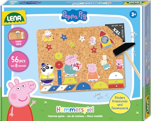 Lena® Hammerspiel Peppa Pig – Kreatives Set mit 44 bunten Plättchen, Hammer, Nägeln und Korkplatte, ab 3 Jahren