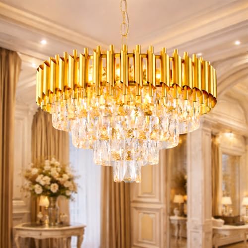 Image of One94Store Gold Mamba Crystal Chandelier Ceiling Light 500MM, Tricolour LED (Warm, Cool, Natural), Gold Premium Jhumar for Living Room, Dining, Luxury Interiors