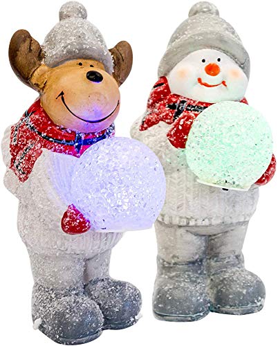 Moose & Snowman Holding Snowballs LED Light Up Terra Cotta