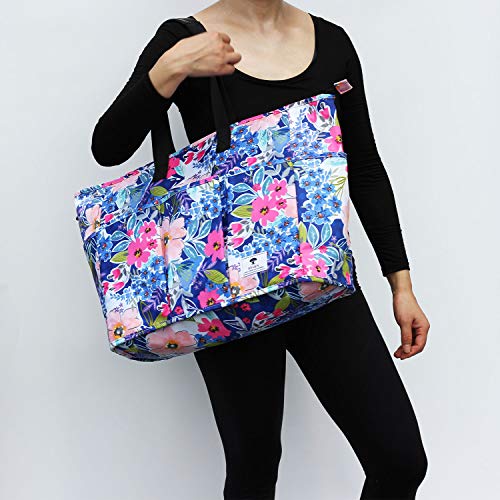 Women Ladies Weekender Bag Muti-pockets Overnight Carry-on Duffel Travel Gym Tote Luggage Duffle with Trolley Sleeve (Blue Flower)