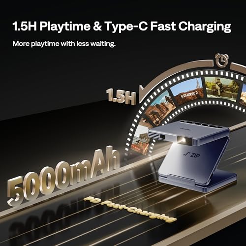 Image of Aurzen ZIP Tri-Fold DLP Truly Mini Projector, Pocket Size, Zero-Lag Focus, One-Click Screen Mirroring, Full-Screen Mode, Type-C Fast Charging, 5,000mAh Battery, Indoor Outdoor Portable Projector, Blue