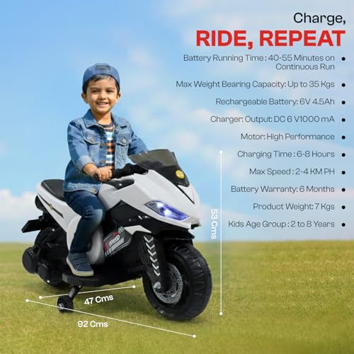 Image of Toyzone Speed Electric Bike (White) | 6V Rechargeable Bike for Kids with 4.5Ah Battery | LED Lights, Music, MP3 /USB /BT | Smooth Acceleration | 6M Battery Warranty | Age 2-8 Years, Up to 35kg
