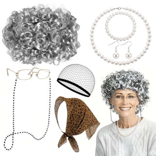 GSrenyu 8Pcs Old Lady Fancy Dress Set Granny Costume Set Granny Wig Leopard Scarf Necklace Bracelet Earring Glasses Chain Glasses Hair Net Old Lady Accessories for Halloween World Book Day Carnival