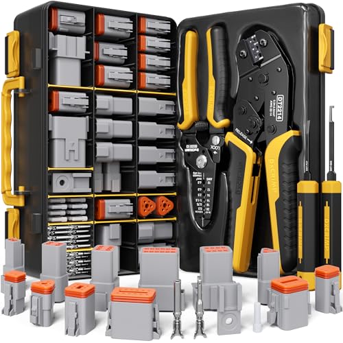DxCRIMP Kit Pinza Crimpatrice Connettori Deutsch DT, 2/3/4/6/8/12 Pin Connettori Auto Impermeabili, Misura 16, con Crimpatrice (0,34-2,5mm²) e Strumento di Rimozione, per Auto, Camion, Barche