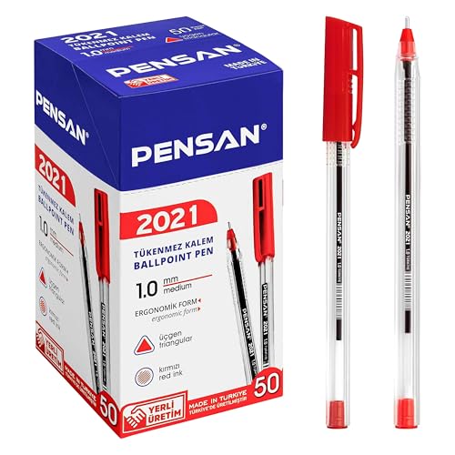 Image of PENSAN Red Ballpoint Pens,1.0 mm Medium Point, Red Pens, Ergonomic Triangle Grip, 50-Count Pack of Bulk Pens