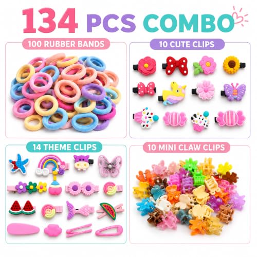 Image of 134 Pcs Hair Accessories for Kids Girls | Cute Baby Hair Clips, Theme Clips, Mini Claw Clips & Rubber Bands Combo | Hair Accessories for Baby Girl | Kids Hair Clips Set | Mixed Designs