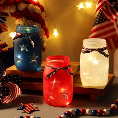 Domensi 4th of July Patriotic Table Decoration Set Rustic Mason Jar Tea Light Candle Holders with String Lights for Independence Day Centerpiece Transparent Mason Jars Labor Day Supplies
