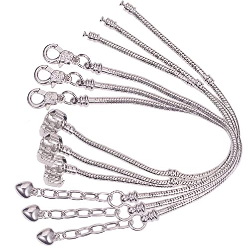 SUNNYCLUE 6 pcs 2 Styles 18 cm Européenne Serpent Chaîne Charme Bracelet Argent avec Perle Classique Baril Fermoir en Cœur pour la Fabrication de Bijoux Accessoires