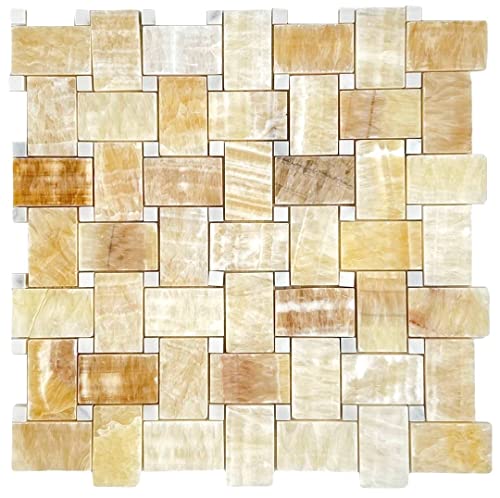 Tenedos Honey Onyx with Thassos Dots Basketweave Mosaic Tile –
