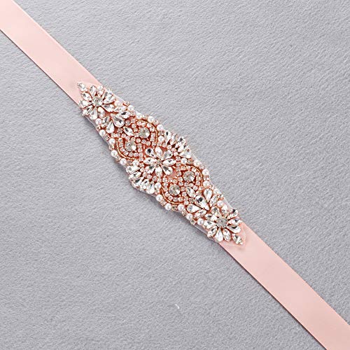 Yanstar Rose Gold Crystal Beads Rhinestone Wedding Bridal Belt Sash With Blush Ribbon For Wedding Dress #TOP5