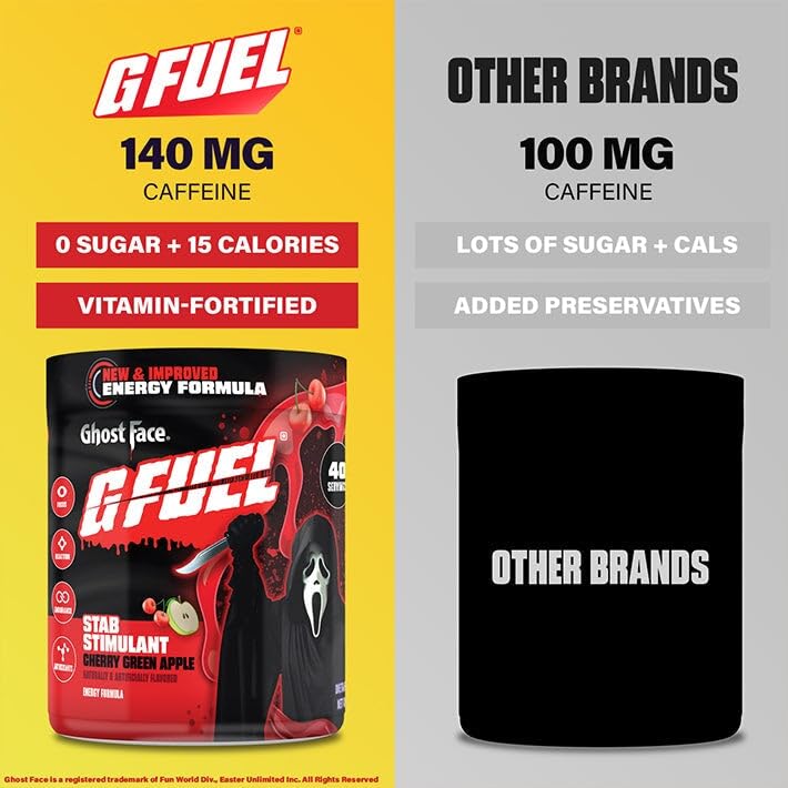 Image of G Fuel Ghost Face 2.0 Energy Drink Powder, Pre Workout Caffeine Mix for Gaming, Sugar Free Focus Amino, Vitamin + Antioxidants, 9.9oz (Cherry Green Apple, 40 Servings)