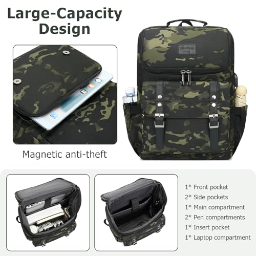 Image of YALUNDISI Vintage Backpack Travel Laptop Backpack with usb Charging Port for Women & Men College Backpack Fits 15.6 Inch Laptop Camouflage Green