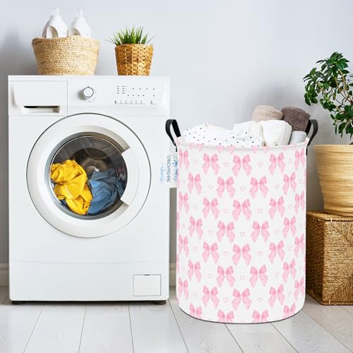Image of Pink Bowknot Laundry Basket Canvas Fabric Collapsible Organizer Basket for Girls Room Storage Bin Toy Bins Gift Baskets Bedroom Clothes Hamper (Pink Bowknot)