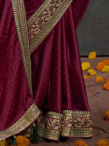 Image of AKHILAM Women's Pink Satin Silk Embroidered Saree with Unstitched Blouse Piece (SANCHI3001 SUM Parent)