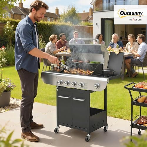 Outsunny 4 Burner Propane Gas Grill with Side Burner, 53,000 BTU BBQ Grill, Propane BBQ with Cast Iron Grates, Wheels, Warming Rack, Side Tables, Cabinet, Thermometer, Hooks