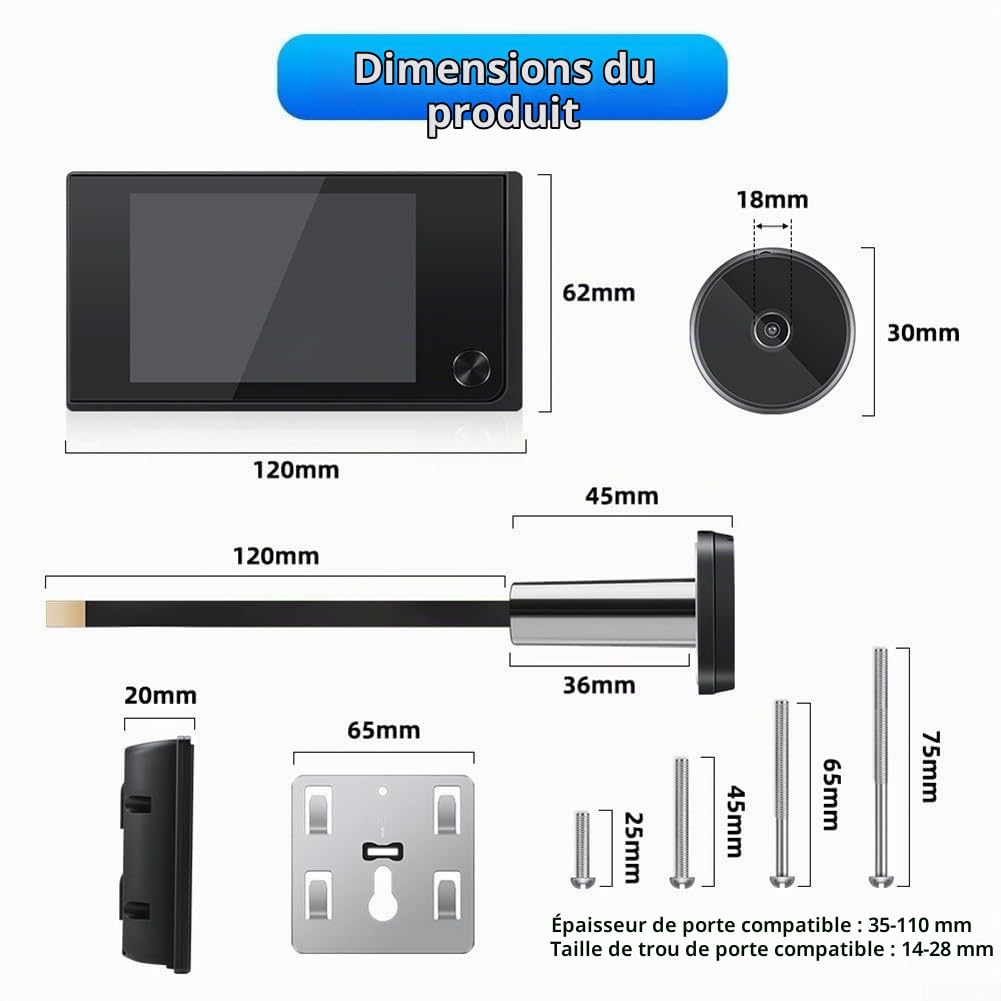 Judas de porte numérique, 720p HD avec vision de 120 degrés, écran intérieur de 3,5 pouces, caméra électronique pour la sécurité à la maison