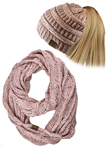 C.C Colorful Confetti BeanieTail Messy High Bun Cable Knit Beanie and Infinity Loop Scarf Set