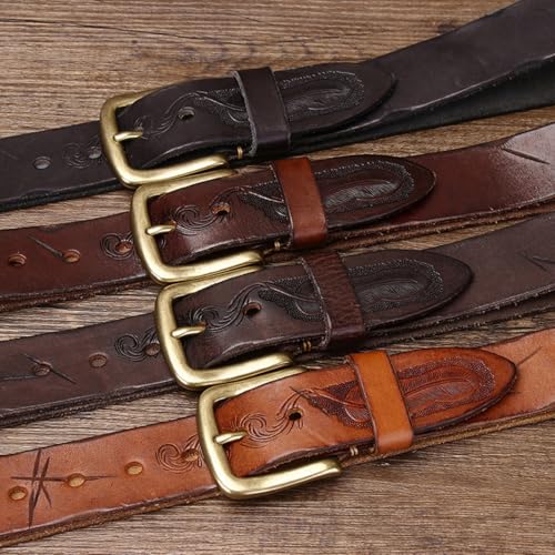 Men's Women's Vintage Leather Embossed Belt, Genuine Top-Grain Cowhide with Carved Feathers Western Pattern Waist Strap(115cm/45, Reddish Brown)4