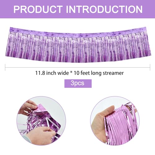 Image of BEISHIDA 3 Packs Metallic Foil Fringe Garland Light Purple Wall Hanging Tinsel Fringe Banners for Car Floats Bridal Shower Wedding Birthday Easter Graduation Holiday Party Decoration(30 Feet)