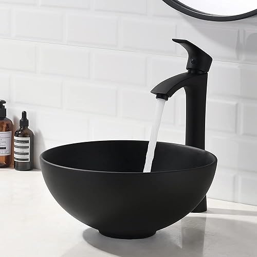 Miniatura 2 de VASOYO - Fregadero redondo negro con grifo y drenaje, combo de fregadero redondo de baño de 13 x 13 pulgadas, fregadero de cerámica de porcelana,