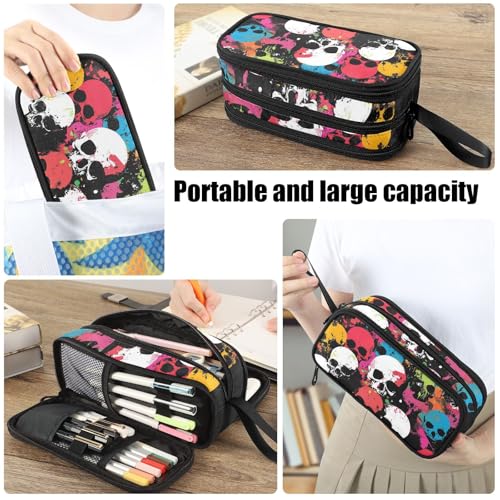 Image of Fustylead Colorful Skulls on Black Pen Pencil Case Makeup Pouch Big Capacity Multi-Purpose Travel Bag Office Organizer with Zipper