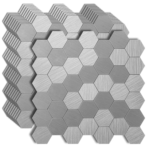 Art3d 10-Pack Self-Adhesive Metal Backsplash Peel and Stick Tile for Kitchen, 12' x 12' Silver Hexagon