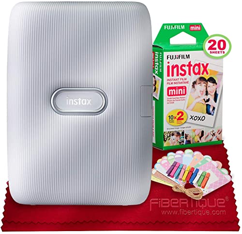 Fujifilm Instax Mini Link Smartphone Printer (Ash White) Instax Mini Twin Film (20 Exposures), Colorful Film Frames with Hanging Clips & Fibertique Microfiber Cleaning Cloth