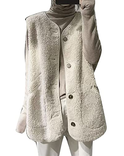 Femme Léger Chic Veste sans manches en fausse fourrure tendance Gilet en laine d'agneau Gilet Mi-Longueur Hiver Chaud Gilet polaire Manteau sans manches en sherpa Outwear Waistcoat avec poche Beige XL Cover