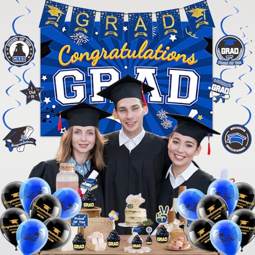 Image of Graduation Decorations 2025 Blue and Gold Class of 2025 Congrats Grad Backdrop Banner for Graduation Party