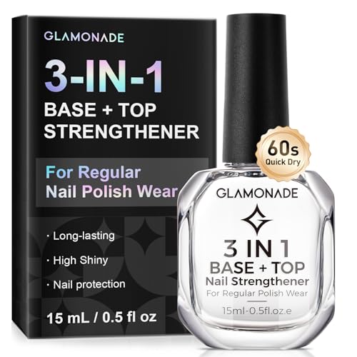 Glamonade 3-In-1 Clear Nail Polish: Quick Dry High Gloss Top Coat Ridge Filler Base Coat & Nail Strengthener, No Chip Long Lasting Shield, Nail Hardener for Weak Nails, DIY Manicure for Women 15ml