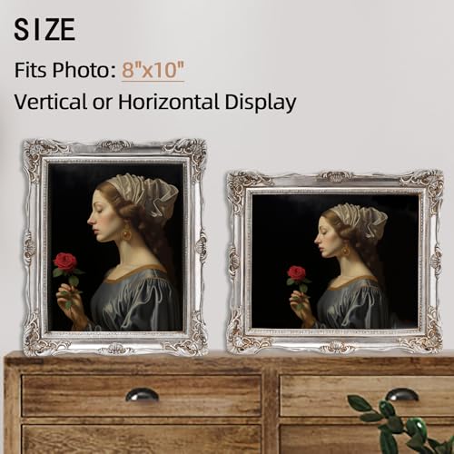 Image of 8x10 Vintage Picture Frame, Elegant Antique Picture Frames with Glass Front, Retro Photo Frame for Wall or Tabletop Display, Ornate Gothic 8x10 Frame for Home Decor Wall Decor, Gift Ideas (Sliver)