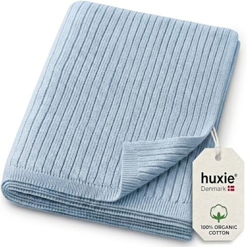 Image of 100% Organic Cotton Knit Receiving Baby Blanket for Newborns - Soft, Breathable Blanket for Crib & Stroller - Nursery Gift (Ribbed Baby Blue)