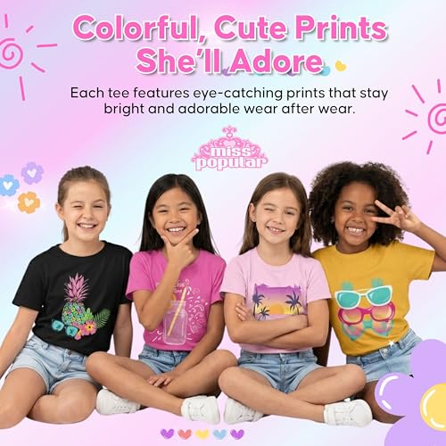 Image of MISS POPULAR Girls 4-Pack Super Soft Short Sleeve T-Shirts Rainbow Butterfly Glitter Print Cute Design| Sizes 7-16