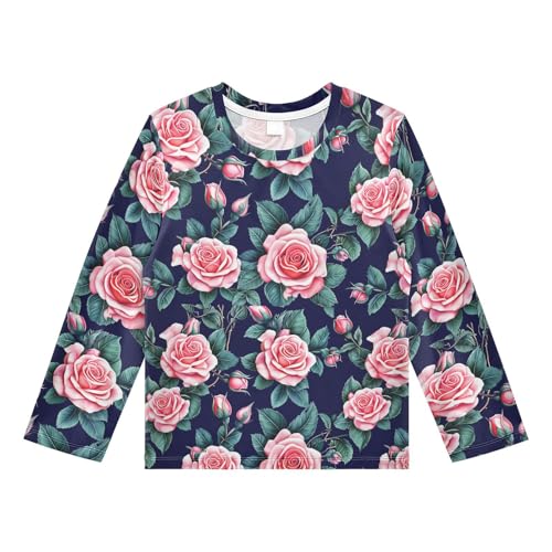 Rose Leaves Navy Blue Rash Guard Shirt for Boys Sun Protection Shirt for Toddler Kid UPF50+ 5-6T