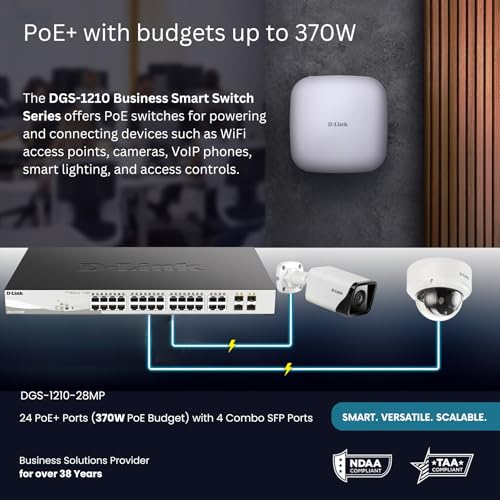 Image of D-Link 28-Port Gigabit Smart Managed PoE+ Switch, 24 PoE+ Ports (370W) + 4 SFP Combo Ports, L2+, VLANs, Web Managed, Surveillance Mode, Rackmount, Energy Efficient, NDAA Compliant (DGS-1210-28MP)