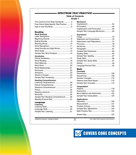 Spectrum Test Practice 1st Grade Workbooks, Math, Language Arts, and Reading Comprehension Grade 1 R