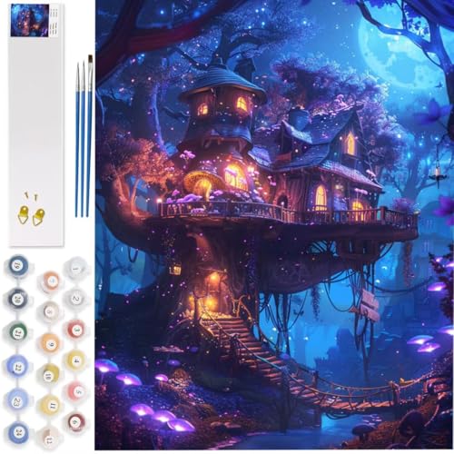 Cabane Dans Les arbres Peinture Numero Adulte, Peinture par Numéro Adulte Pont Suspendu, Peinture Acrylique pour Débutants Facile sur Toile 45x60cm, avec Pinceau et Pigment Acrylique, Wall Decor,5625