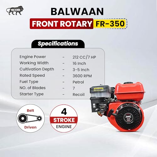 Image of Balwaan Krishi Front Rotary Machine 7HP Engine| 3600 RPM Petrol Operated Weeder Machine |16-Inch Width Soil Cultivator for Soil Aeration and Weed Removal | Improves Crop Growth | FR-350