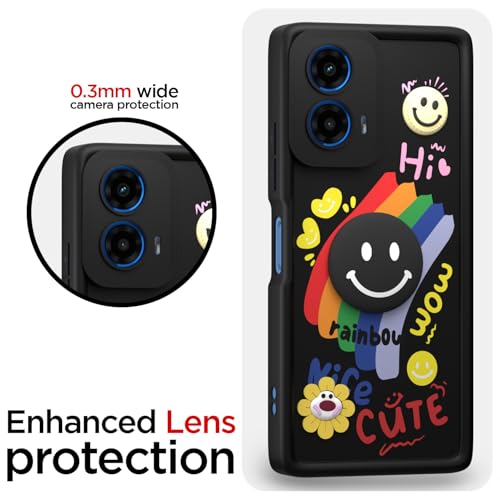 Image of Pikkme Back Cover for Motorola Moto G34 / G45 5G | Soft Silicone| Cute Rainbow Smile & 3D Cartoon Flower Design | Shockproof Raised Camera Protection Bumper Case (Black)