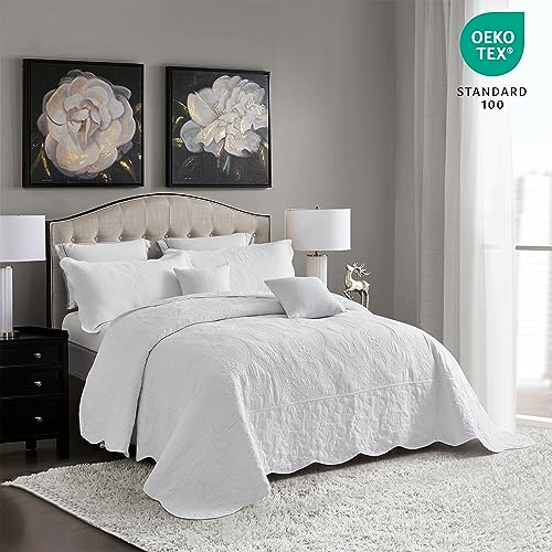 Image of Oversized Queen Bedspread, Stitched Paisley Cotton Quilt Set Queen, Lightweight Reversible Coverlet, Scalloped Edge - Clean Classic Look, 5 Piece, Pure White
