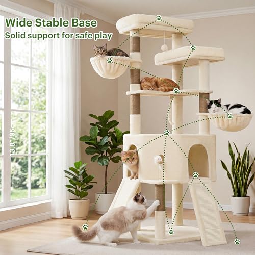Torre para gatos Vibrissia 68 pulgadas beige con dos plataformas grandes miniatura 6