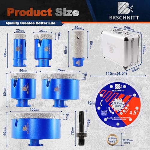 Image of Diamond Core Drill Bit Set - BRSCHNITT Tile Hole Saw Kit 1 inch 1-3 /8 inch2 inch 3 inch 4 inch& 4 /5 inch Finger Bit & for Porcelain Tile Ceramic Marble Granite &Diamond Blade