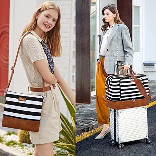 Image of Tibes Travel Weekender Bag for Women, Polyester Overnight Bag with Shoe Compartment Oversized Travel Duffel Bag Carry On Tote 21 inch, L-Black & White Strips, Large, Weekender Bag