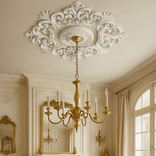 Image of Nuanchu 35.4'' Large PU Ceiling Medallion Combination Decorative 2.36'' ID French Style Chandelier Base Ceiling Medallion for Light Fixtures Victorian Rosette Light Covers for Chandeliers(Elegant)