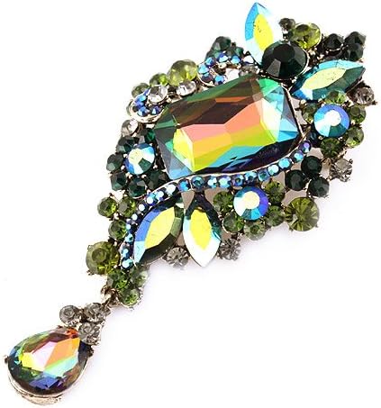 Tear Drop Vintage Inspired Fashion Brooch; 2"(W) x 3.5"(H); Sapphire AB, Emerald and Black Diamond Crystal Stones on Gold-tone Brooch; Hand Laid Swarovski Crystal Stones; Bar-Pin Closure;