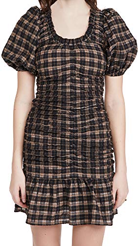 Ganni Kleid Seersucker mit Karomuster 38 schwarz-braun